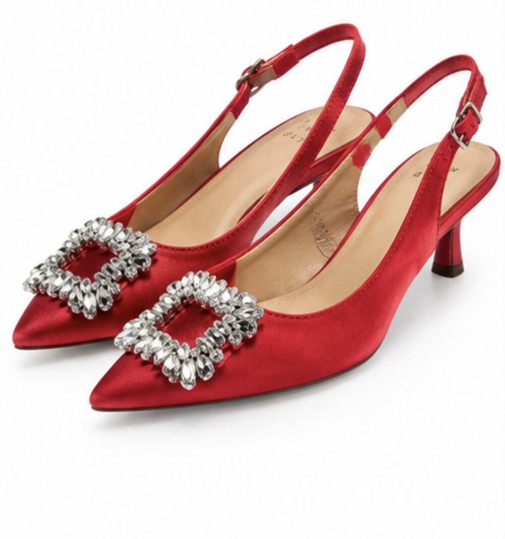A New Day Women’s Size 7 Red Satin Rhinestone Buckle Slingback Kitten Heels
